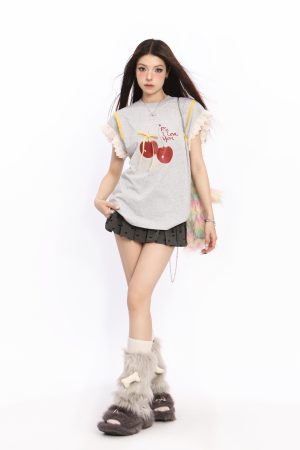 Lace Spliced Short Sleeve T-Shirt for Women with Flutter Sleeves - Cherry Sweet Spicy Summer Top, Trendy Y2K Style