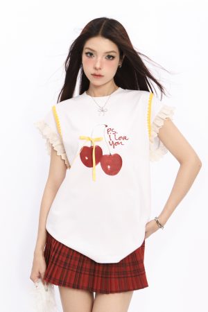 Lace Spliced Short Sleeve T-Shirt for Women with Flutter Sleeves - Cherry Sweet Spicy Summer Top, Trendy Y2K Style