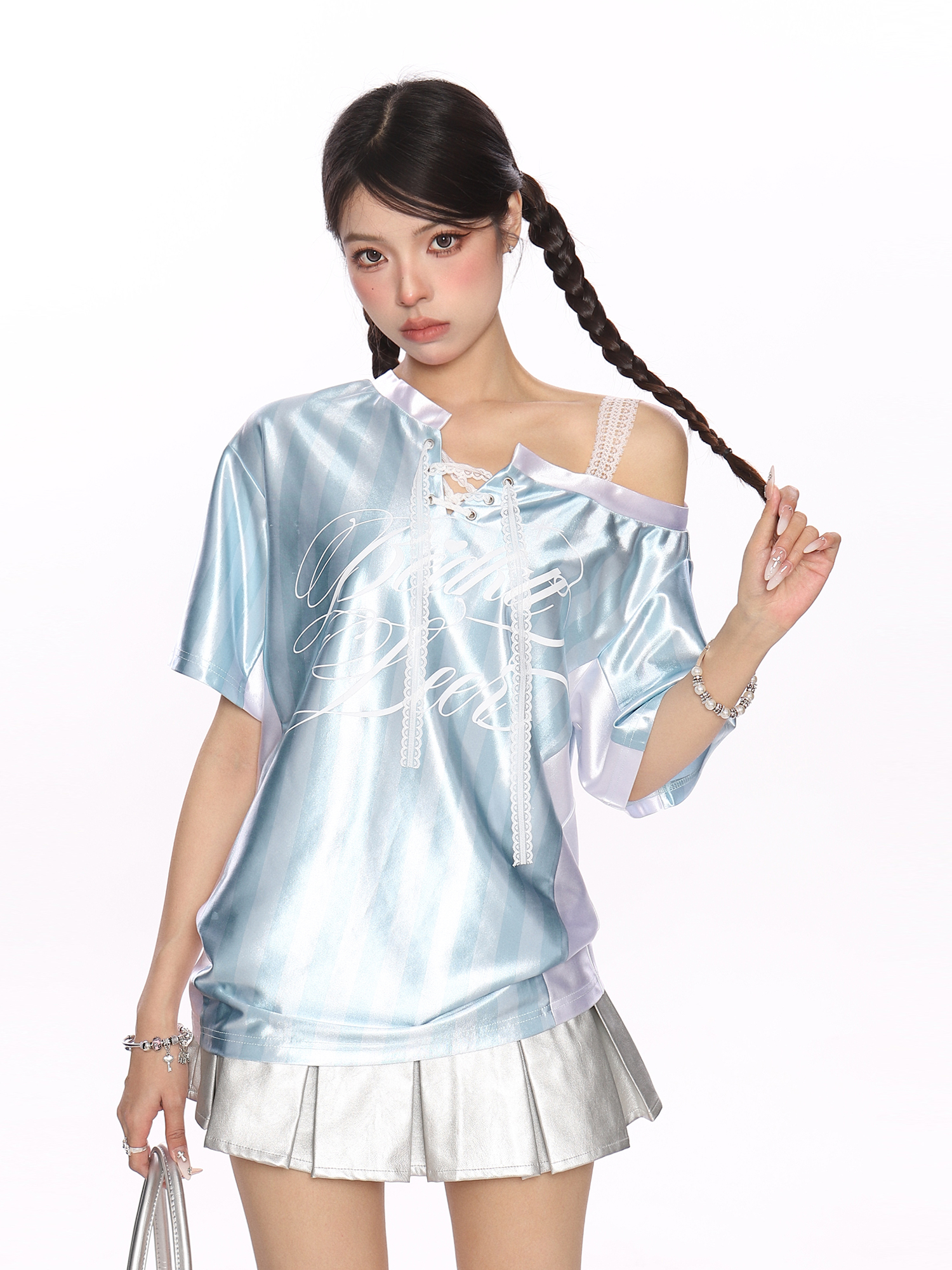 Lace Spliced Striped Asymmetrical Shoulder Sleeveless T-Shirt for Women - Summer Slim Fit Sporty Top, Trendy Y2K Style Lace Spliced Striped Asymmetrical Shoulder Sleeveless T-Shirt for Women - Summer Slim Fit Sporty Top, Trendy Y2K Style