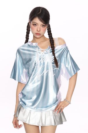 Lace Spliced Striped Asymmetrical Shoulder Sleeveless T-Shirt for Women - Summer Slim Fit Sporty Top, Trendy Y2K Style