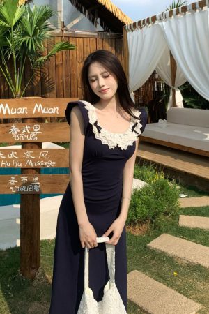 Lace Splicing Design Strap Dress - Women's Summer Sexy Slim Fit Dress with 90s Inspired Style