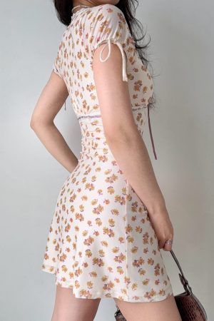 Lace Splicing Tie-Dye Short Sleeve Dress for Women - Summer V-Neck Mini Dress in European American Style, Trendy Y2K Fashion