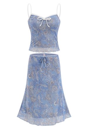 Lace Trim Mesh Floral Camisole & A-Line Skirt Set for Women - European American Style, Perfect for 90s Y2K Fashion Lovers