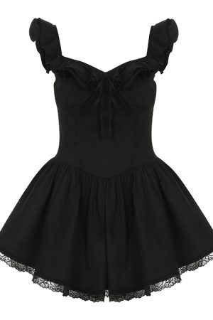 Lace-Trimmed Low-Neck Little Black Dress with A-Line Silhouette and Pleated Skirt - Elegant Hepburn Style for Effortless Chic