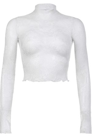 Lace-Trimmed Sheer Round-Neck T-Shirt - Ballet-Style Slim Fit Top for a Sexy French Look, Perfect for Y2K and Chic Fashion Lovers
