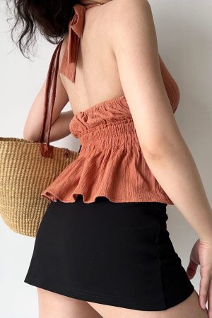 Lace-Up Halter Deep V-Neck Backless Shirt for Women - European American Style, Trendy Y2K Fashion Top
