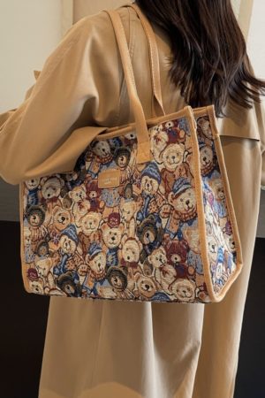 Large Capacity Cartoon Bear Canvas Tote Bag for Women - Stylish Commuting and Shopping Shoulder Bag for Short Trips