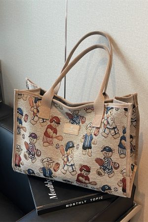 Large Capacity Cartoon Bear Canvas Tote Bag for Women - Stylish Commuting and Shopping Shoulder Bag for Short Trips