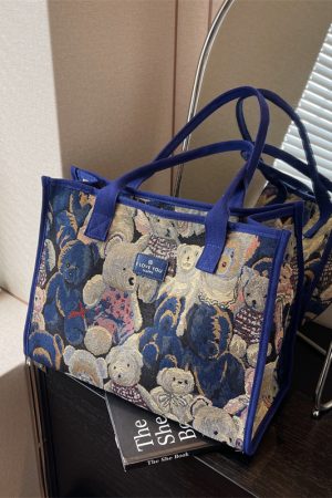 Large Capacity Cartoon Bear Canvas Tote Bag for Women - Stylish Commuting and Shopping Shoulder Bag for Short Trips