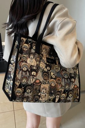 Large Capacity Cartoon Bear Canvas Tote Bag for Women - Stylish Commuting and Shopping Shoulder Bag for Short Trips
