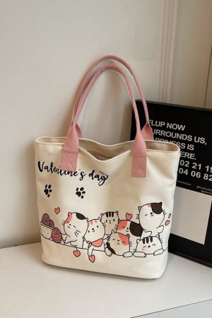 Large Capacity Cartoon Cat Canvas Tote Bag for Women, Versatile Student Shoulder Bag, Ideal Commuter Bag