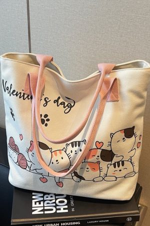 Large Capacity Cartoon Cat Canvas Tote Bag for Women, Versatile Student Shoulder Bag, Ideal Commuter Bag