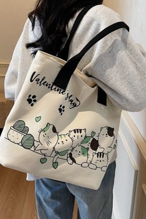 Large Capacity Cartoon Cat Canvas Tote Bag for Women, Versatile Student Shoulder Bag, Ideal Commuter Bag