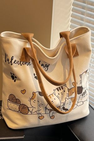 Large Capacity Cartoon Cat Canvas Tote Bag for Women, Versatile Student Shoulder Bag, Ideal Commuter Bag