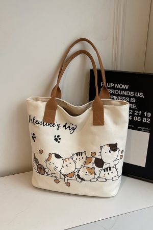 Large Capacity Cartoon Cat Canvas Tote Bag for Women, Versatile Student Shoulder Bag, Ideal Commuter Bag