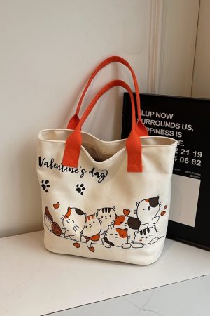 Large Capacity Cartoon Cat Canvas Tote Bag for Women, Versatile Student Shoulder Bag, Ideal Commuter Bag