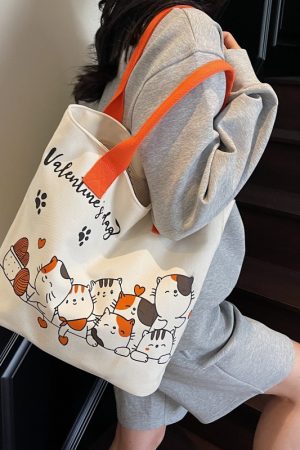 Large Capacity Cartoon Cat Canvas Tote Bag for Women, Versatile Student Shoulder Bag, Ideal Commuter Bag