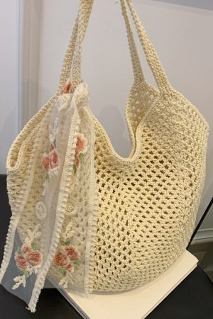 Large Capacity Cotton Yarn Hollow Woven Underarm Bag for Women - Stylish Beach Vacation Shoulder Tote