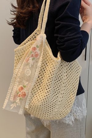 Large Capacity Cotton Yarn Hollow Woven Underarm Bag for Women - Stylish Beach Vacation Shoulder Tote