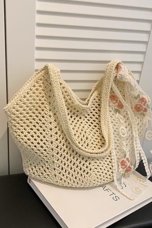 Large Capacity Cotton Yarn Hollow Woven Underarm Bag for Women - Stylish Beach Vacation Shoulder Tote