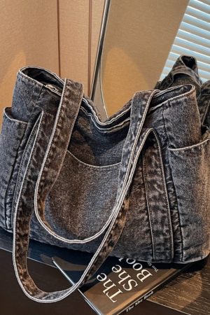 Large Capacity Denim Tote Bag for Women - Korean & Japanese Style Casual Commuting Shoulder Bag, Versatile for Classes & Everyday Use