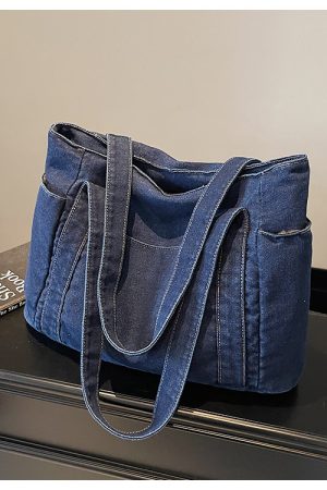 Large Capacity Denim Tote Bag for Women - Korean & Japanese Style Casual Commuting Shoulder Bag, Versatile for Classes & Everyday Use
