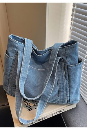 Large Capacity Denim Tote Bag for Women - Korean & Japanese Style Casual Commuting Shoulder Bag, Versatile for Classes & Everyday Use
