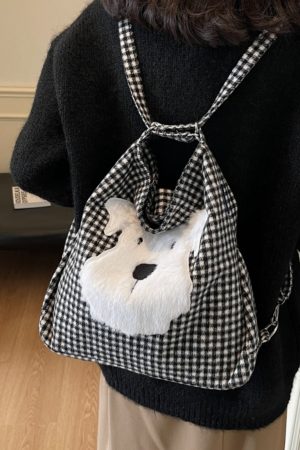 Large Capacity Dog Checkered Canvas Crossbody Tote Bag for Women - Stylish Commuter Backpack 2025 New Trend