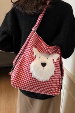 Large Capacity Dog Checkered Canvas Crossbody Tote Bag for Women - Stylish Commuter Backpack 2025 New Trend