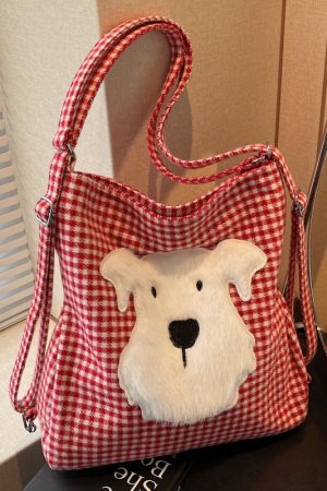 Large Capacity Dog Checkered Canvas Crossbody Tote Bag for Women - Stylish Commuter Backpack 2025 New Trend