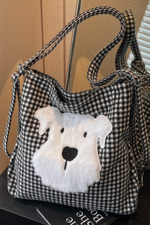 Large Capacity Dog Checkered Canvas Crossbody Tote Bag for Women - Stylish Commuter Backpack 2025 New Trend