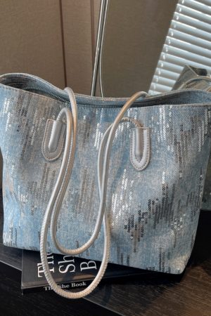 Large Capacity Sequin Denim Tote Bag for Women - Stylish Shoulder Bag for Spring 2025, Perfect for Commuting and Daily Use