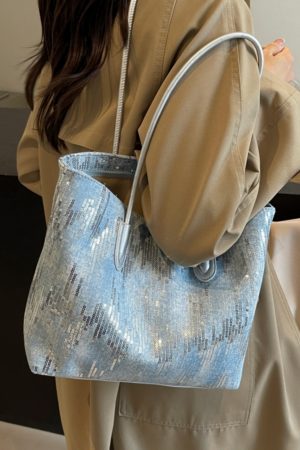 Large Capacity Sequin Denim Tote Bag for Women - Stylish Shoulder Bag for Spring 2025, Perfect for Commuting and Daily Use