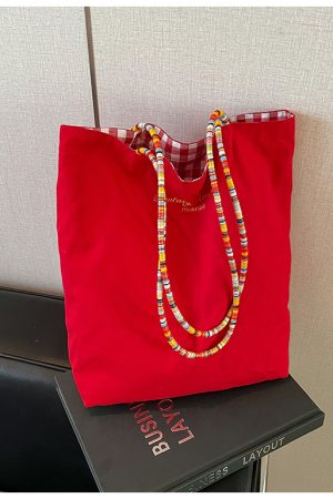 Large Capacity Spring Plaid Canvas Tote Bag for Women - Double-Sided Commuting Shoulder Bag, Ideal Student Classroom Accessory