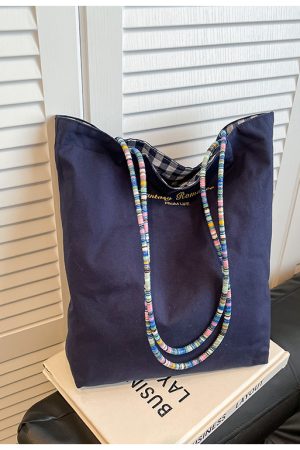 Large Capacity Spring Plaid Canvas Tote Bag for Women - Double-Sided Commuting Shoulder Bag, Ideal Student Classroom Accessory