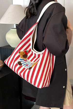 Large Capacity Striped Canvas Shopping Bag for Women - Stylish Shoulder Tote for Students and Commuters - 2025 Trend