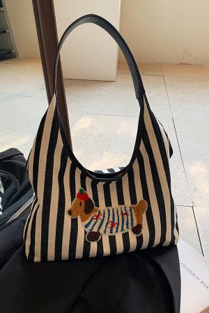 Large Capacity Striped Canvas Shopping Bag for Women - Stylish Shoulder Tote for Students and Commuters - 2025 Trend