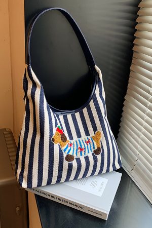 Large Capacity Striped Canvas Shopping Bag for Women - Stylish Shoulder Tote for Students and Commuters - 2025 Trend