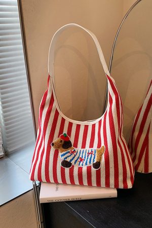 Large Capacity Striped Canvas Shopping Bag for Women - Stylish Shoulder Tote for Students and Commuters - 2025 Trend