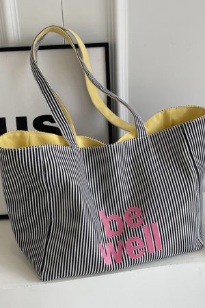 Large Capacity Striped Canvas Tote Bag for Women - Double-Sided Summer Shopping Bag for Commuting and Short Trips