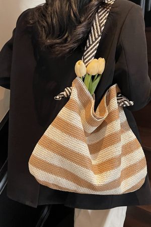 Large Capacity Striped Straw Woven Tote Bag for Women - Summer Shoulder Commuting Beach Vacation Bag