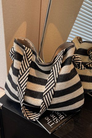 Large Capacity Striped Straw Woven Tote Bag for Women - Summer Shoulder Commuting Beach Vacation Bag