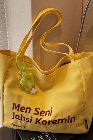 Large Capacity Summer Embroidered Letter Canvas Tote Bag for Women - Versatile Laptop Shoulder Bag for Class and Commute