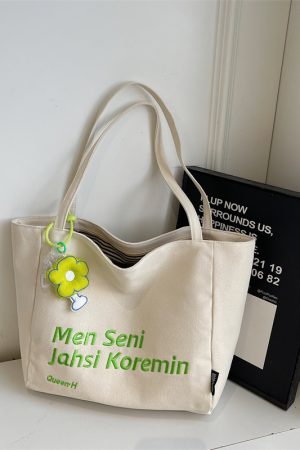 Large Capacity Summer Embroidered Letter Canvas Tote Bag for Women - Versatile Laptop Shoulder Bag for Class and Commute