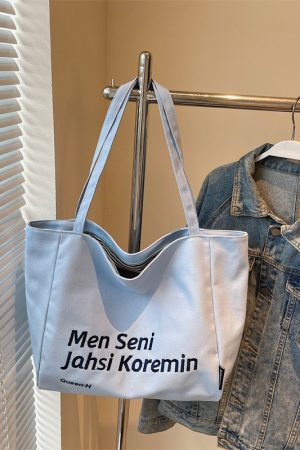 Large Capacity Summer Embroidered Letter Canvas Tote Bag for Women - Versatile Laptop Shoulder Bag for Class and Commute