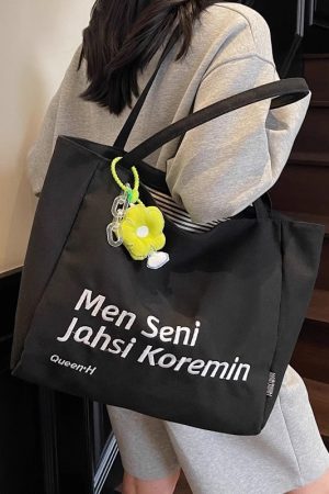 Large Capacity Summer Embroidered Letter Canvas Tote Bag for Women - Versatile Laptop Shoulder Bag for Class and Commute