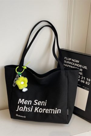 Large Capacity Summer Embroidered Letter Canvas Tote Bag for Women - Versatile Laptop Shoulder Bag for Class and Commute