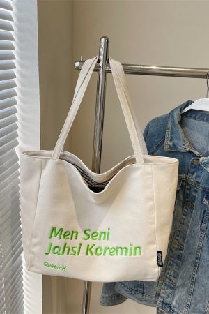 Large Capacity Summer Embroidered Letter Canvas Tote Bag for Women - Versatile Laptop Shoulder Bag for Class and Commute