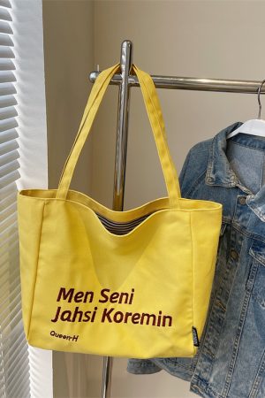 Large Capacity Summer Embroidered Letter Canvas Tote Bag for Women - Versatile Laptop Shoulder Bag for Class and Commute