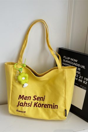 Large Capacity Summer Embroidered Letter Canvas Tote Bag for Women - Versatile Laptop Shoulder Bag for Class and Commute